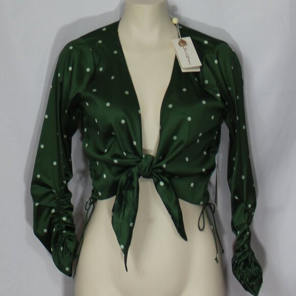 NWT For Love and Lemons Satin Tie Polka Dot Top green size Large - Picture 3 of 9